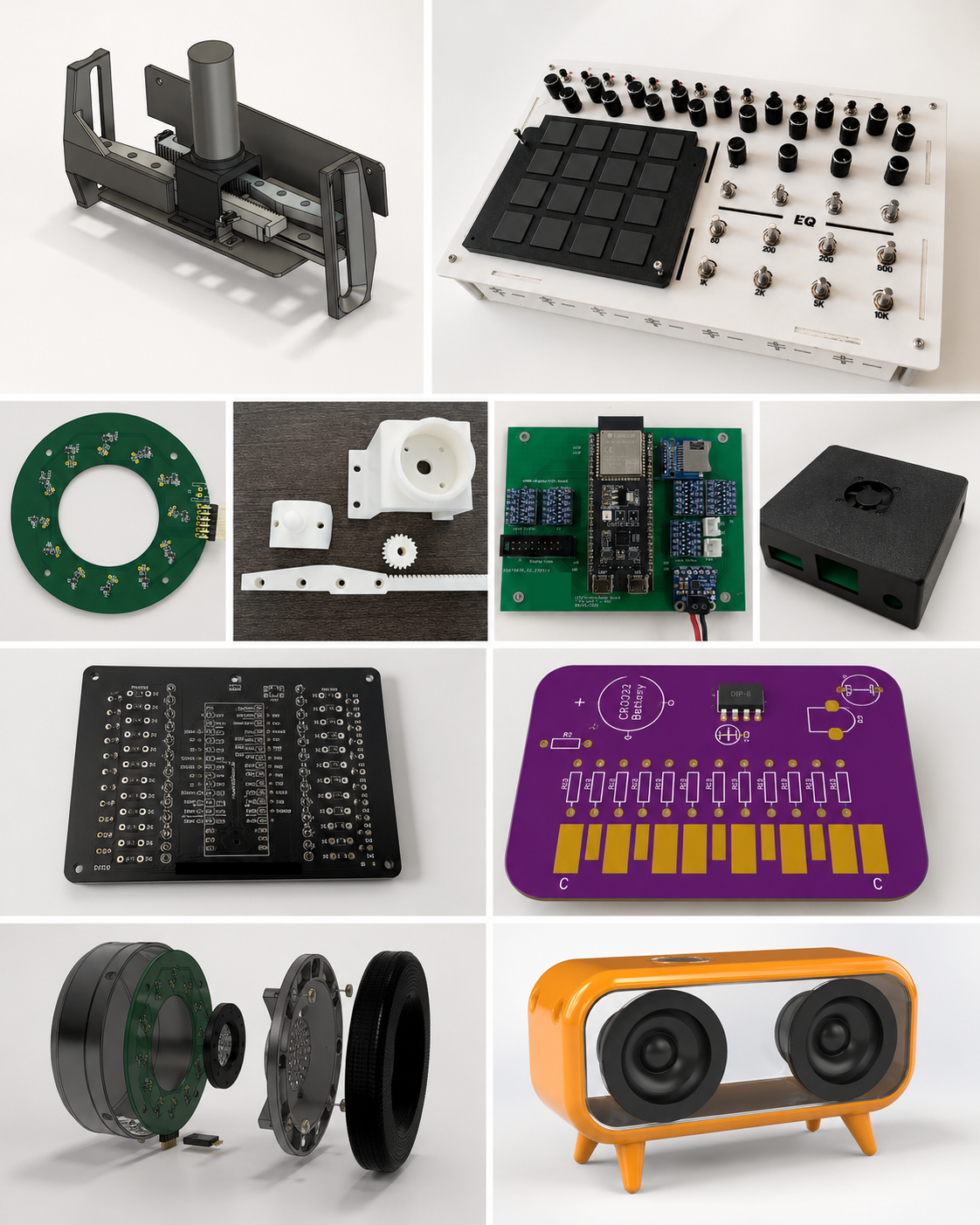 Collage of prototype renders and electronics work including mechanical assemblies, boards, mechanisms, and product concepts.